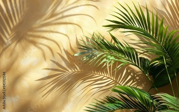 Obraz A leafy palm tree casts a shadow on a tan wall