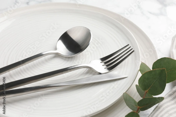 Fototapeta Stylish setting with cutlery, eucalyptus branch and plates on table, closeup