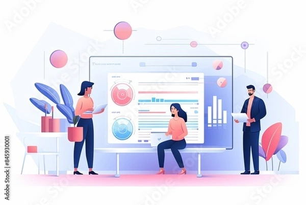 Fototapeta flat vector style illustration, a diverse group of people talking and collaborating