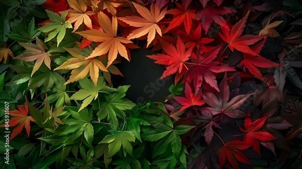 Fototapeta Circle of maple leaves in color tone from green to red