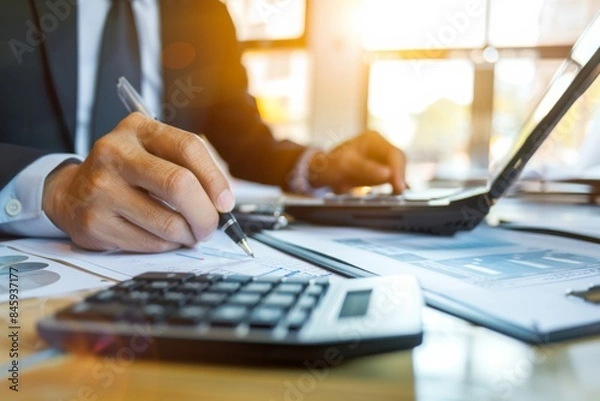 Fototapeta Female administrator reviewing financial documents, using calculator - income audit, balance sheet management, business finance