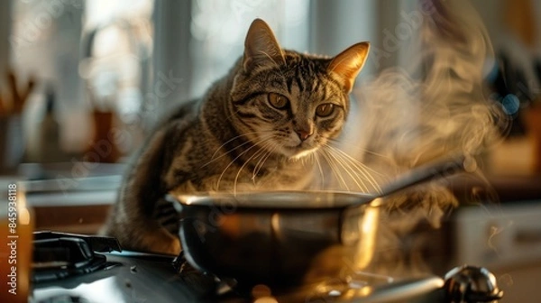 Fototapeta A domestic cat sits on the edge of a stove, with a pot nearby