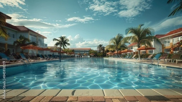 Fototapeta Swimming pool scene with lounge chairs and umbrellas, perfect for relaxation or summer vibes