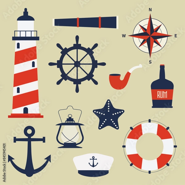 Fototapeta Set of sea icons and symbols. Collection of hand drawn vector nautical elements in flat style. Red and blue sailing illistrations