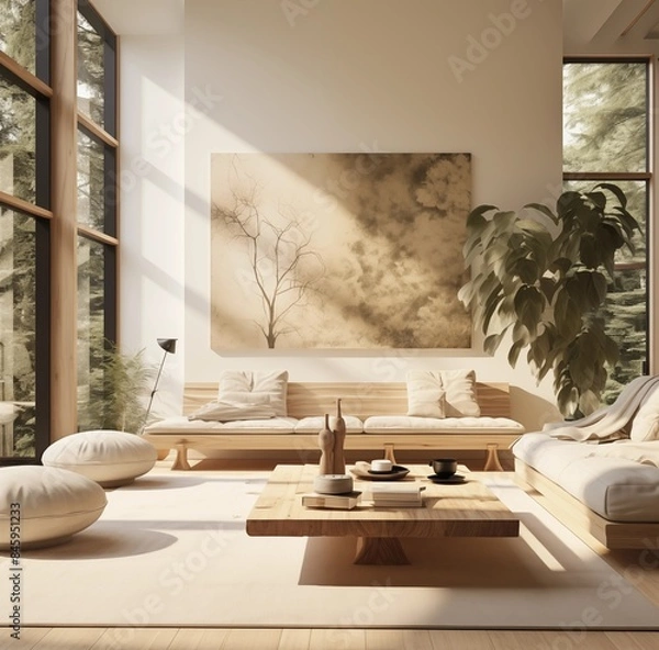 Fototapeta Bright Minimalist Living Room with Large Windows