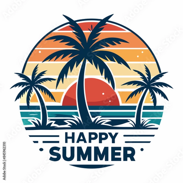 Fototapeta A tropical sunset with palm trees is vividly depicted against a round backdrop, evoking the warmth and enjoyment of the summer season. Below the scenic design, the words HAPPY SUMMER
