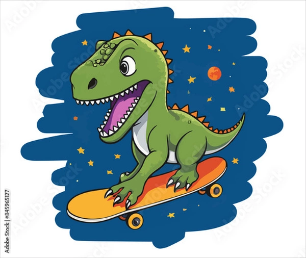 Fototapeta Vector design for children's t-shirt. 
Green cute dinosaur in space on skateboard
with star and moon. Pattern for textiles, 
fabric, clothing for boy in cartoon style.