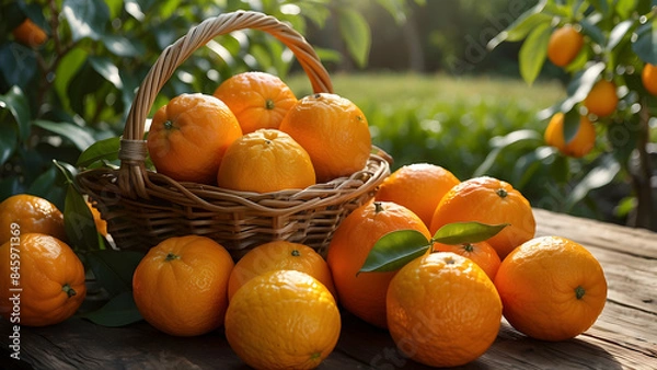 Fototapeta Ripe and vibrant oranges packed in a wicker basket amid a sunny citrus orchard with natural lighting
