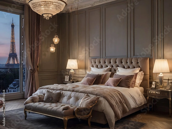 Fototapeta bedroom in hotel eiffel tower night view