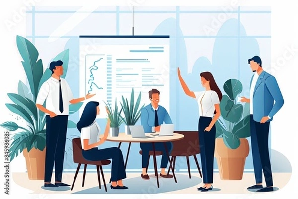 Fototapeta flat vector style illustration, a diverse group of people talking and collaborating