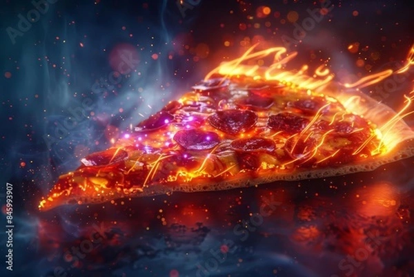 Fototapeta A vibrant and fiery slice of pizza with vivid colors, creating a hot and energetic visual effect against a dark background.