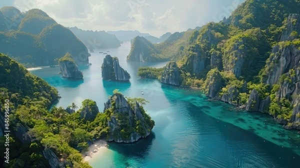 Obraz Azure bay dotted with towering limestone karsts cloaked in lush tropical vegetation.