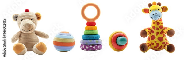 Fototapeta Bundle of Joy - Set of 3 Baby Sensory Toys Including Soft Doll, Interactive Sound Book, and Sensory Ball on White Background