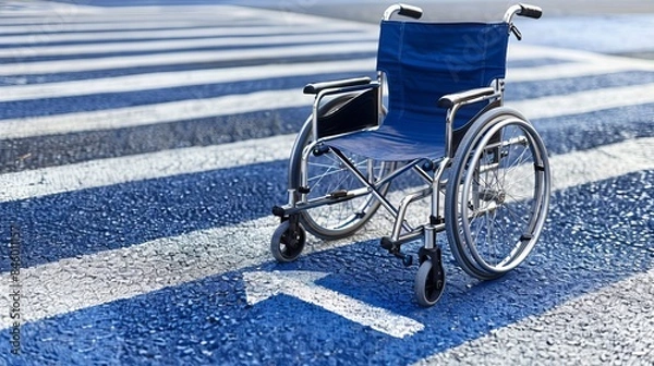 Fototapeta A close-up image of an unoccupied wheelchair next to a pavement marked with a handicap symbol
