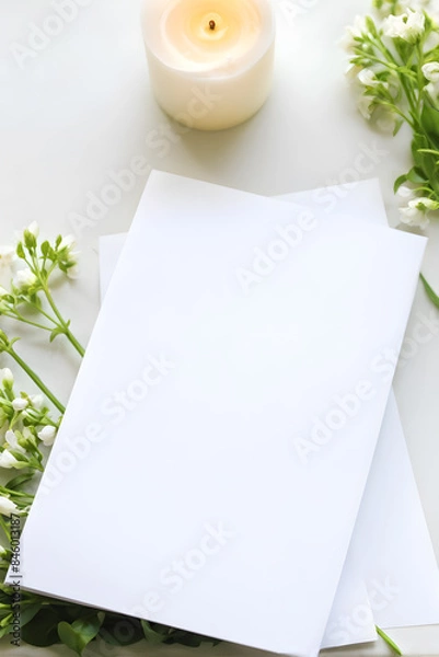 Fototapeta Candlelit serenity: blank paper & spring florals