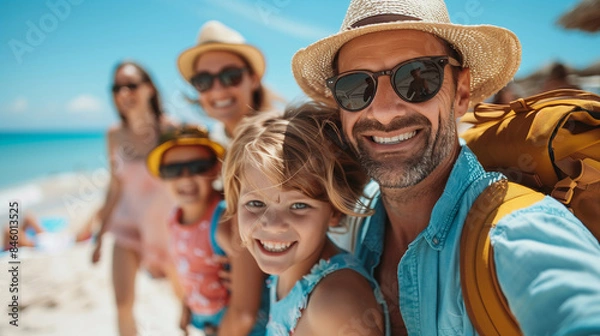 Obraz Creating Memories: Dad Takes Selfie with Family on Summer Beach Trip
