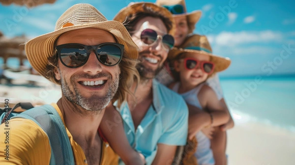 Obraz LGBT Family Vacation: Two Dads Taking Selfie with Children in Summer