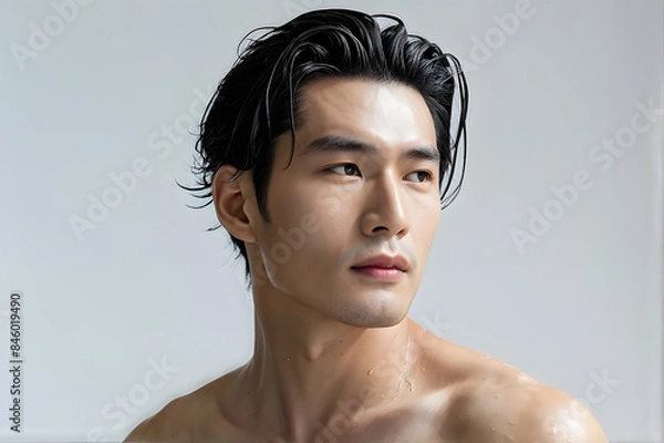 Fototapeta A man with short hair and a beard is standing in front of a white wall