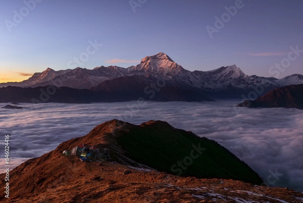 Fototapeta Khopra Ridge Sunset, Annapurna Sanctuary Nepal. Spectacular view of Dhaulagiri, 8167m Himalayan snow mountain rising above the sea of clouds. Trekking route, community operated lodge. Khopra Danda