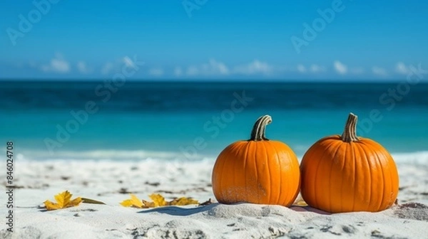 Obraz Two orange pumpkins on a sandy beach with a bright blue sky with copy space, ideal for Halloween or autumn-themed designs with a twist.