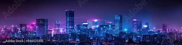 Fototapeta 80s style city skyline at night with neon lights, cyberpunk theme, purple and blue color scheme, futuristic skyscrapers, detailed architecture Generative AI