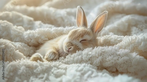 Fototapeta Close-up of an adorable brown rabbit sleeping in a cozy fur blanket, highlighting comfort and cuteness.