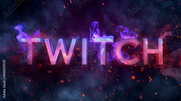 Fototapeta The Twitch logo, rendered in 3D, is engulfed in vibrant purple flames against a backdrop of swirling smoke and sparks