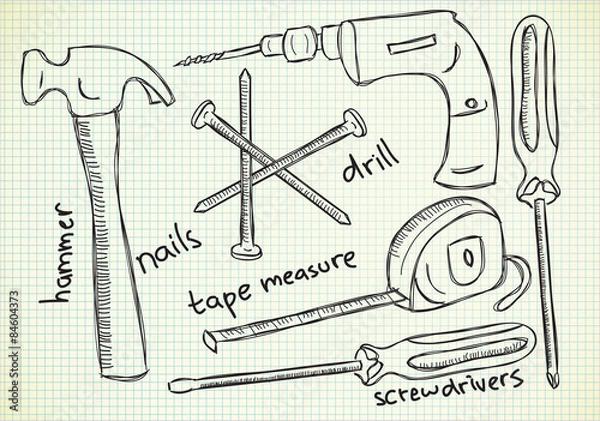 Fototapeta carpenter tools doodle