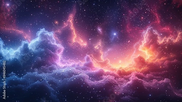 Fototapeta Night sky with stars. The universe is filled with clouds, nebula, and galaxie. Landscape with gradient blue and purple colorful cosmos with stardust and Milky Way. Magic color galaxy, space background
