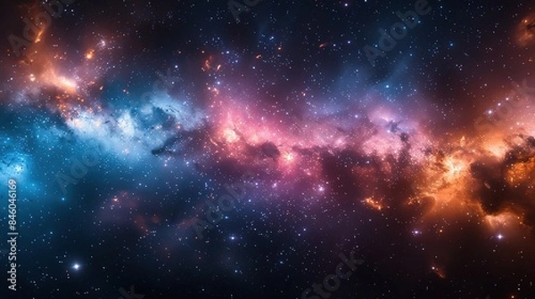 Fototapeta Night sky with stars. The universe is filled with clouds, nebula, and galaxie. Landscape with gradient blue and purple colorful cosmos with stardust and Milky Way. Magic color galaxy, space background