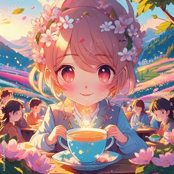 Obraz A Girl with a Flower Crown Is Holding a Cup of Coffee