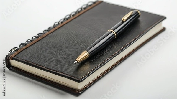 Fototapeta Stylish business notebook and pen, isolated white background, productivity essentials, copy space, highresolution stock image for office settings