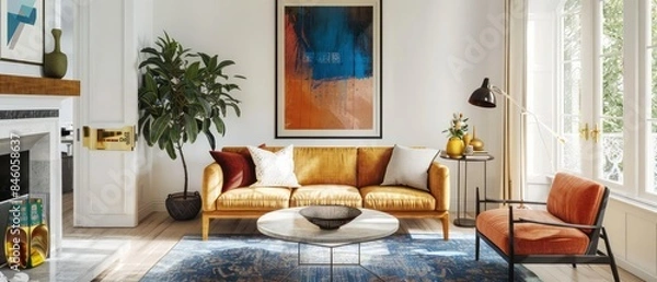 Fototapeta A bright living room featuring a mockup frame on a crisp white wall