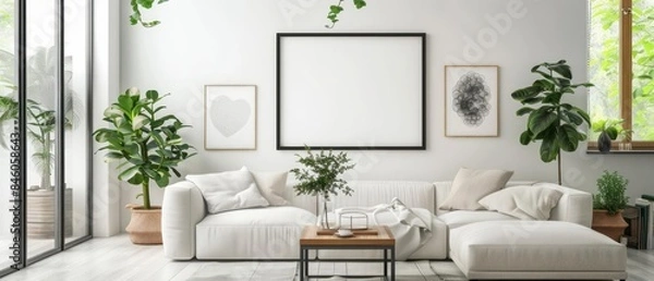 Fototapeta A bright living room featuring a mockup frame on a crisp white wall