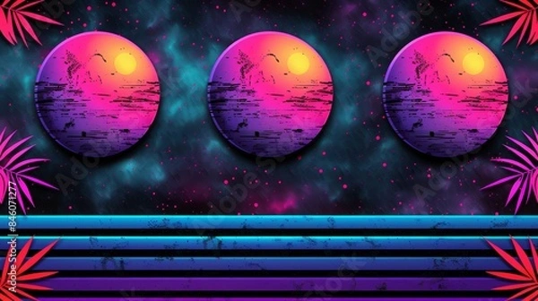 Fototapeta Digital retro landscape 1980's style retro wave sunset and mountain. Futuristic cyber surface. 80s Retro Sci-Fi background. View illustration in retro futuristic in the style of the 80-90s.