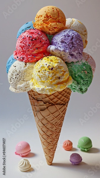 Fototapeta 3d rendered ice cream cone with multiple flavors scoops on top, fruit flavor, made with generative AI