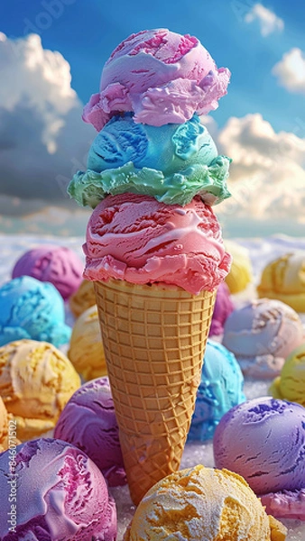 Fototapeta 3d rendered ice cream cone with multiple flavors scoops on top, fruit flavor, made with generative AI