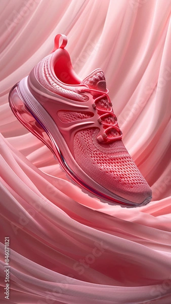 Fototapeta 3d rendered pink sneakers on pink wavy background, advertisement illustration, pink favorite, made with generative AI