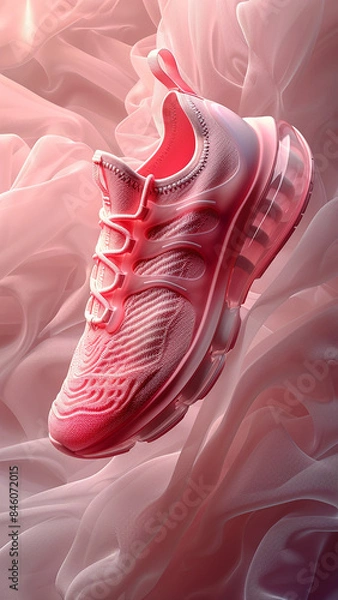 Fototapeta 3d rendered pink sneakers on pink wavy background, advertisement illustration, pink favorite, made with generative AI