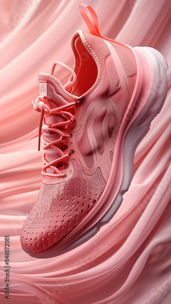 Fototapeta 3d rendered pink sneakers on pink wavy background, advertisement illustration, pink favorite, made with generative AI