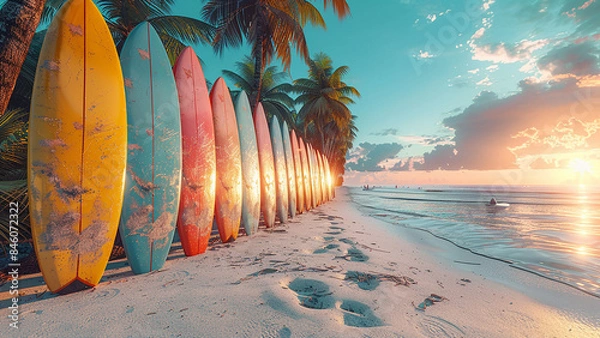 Fototapeta 3d rendered colorful surfing boards on beach, white sand, palm trees, 