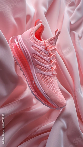 Fototapeta 3d rendered pink sneakers on pink wavy background, advertisement illustration, pink favorite, made with generative AI