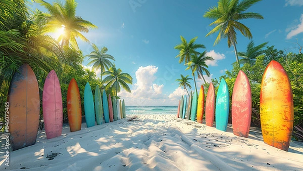 Fototapeta 3d rendered colorful surfing boards on beach, white sand, palm trees, 
