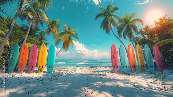 Fototapeta 3d rendered colorful surfing boards on beach, white sand, palm trees, 