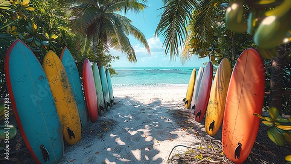 Fototapeta 3d rendered colorful surfing boards on beach, white sand, palm trees, 