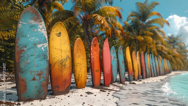 Fototapeta 3d rendered colorful surfing boards on beach, white sand, palm trees, 