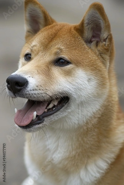 Obraz Cheerful shiba inu dog smiling happily against soft pastel background with space for text