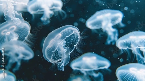 Fototapeta Enchanting bioluminescent sea cave with glowing jellyfish   ideal for fantasy book covers