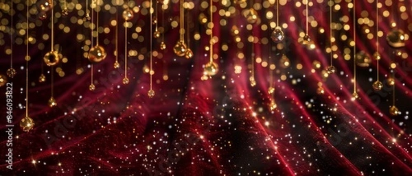 Fototapeta Elegant golden hanging beads with sparkling red velvet background for a luxurious and festive holiday-themed image, perfect for celebrations.