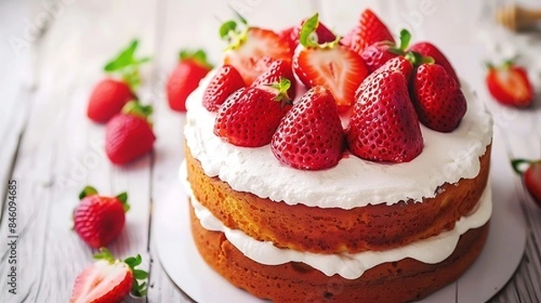 Obraz Strawberry and cream sponge cake on white wooden table